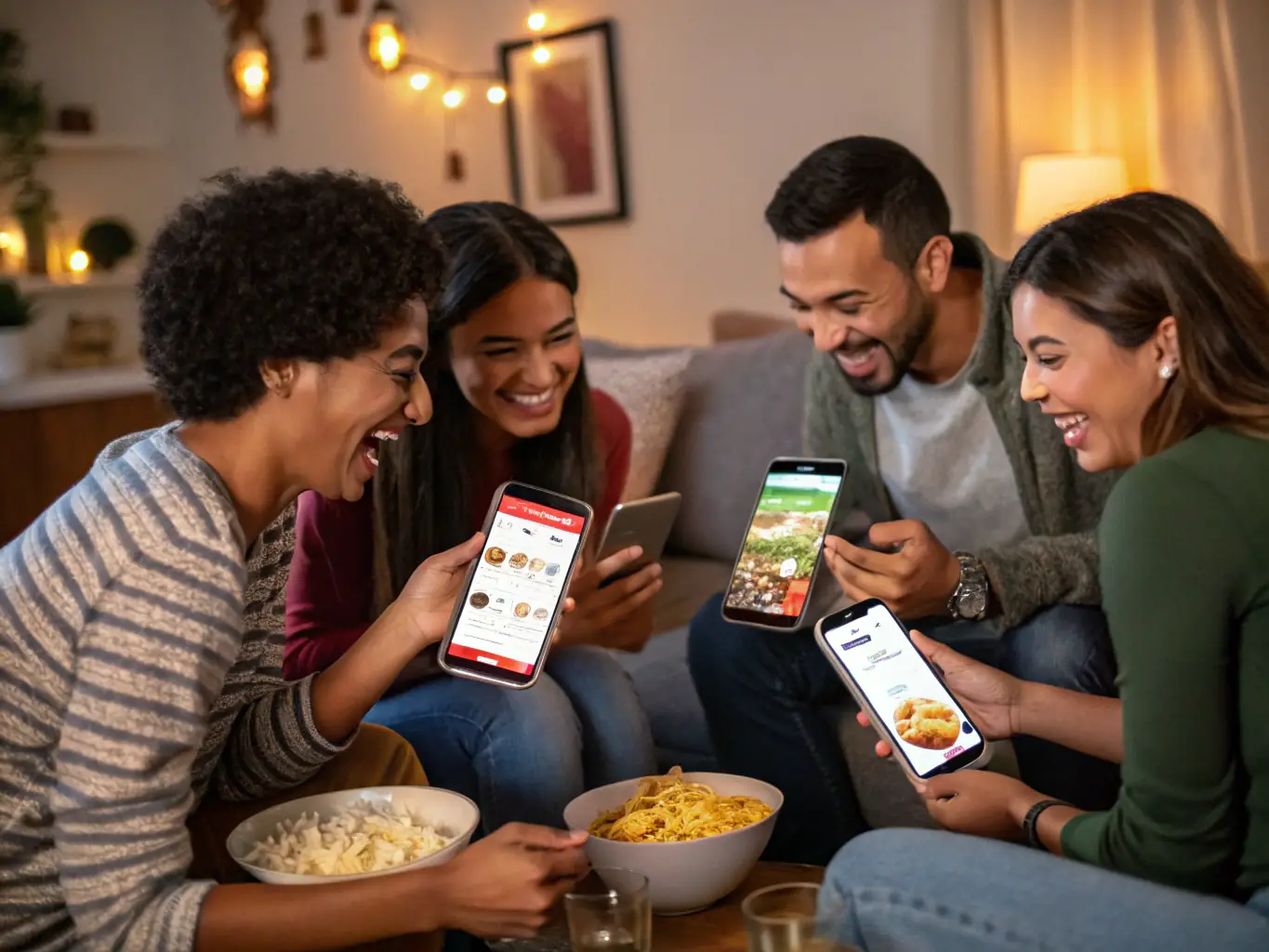 A group of friends joyfully voting on theme options for their next Zajedz.Me gathering using the platform on their smartphones and tablets, showcasing the ease and accessibility of the voting process.