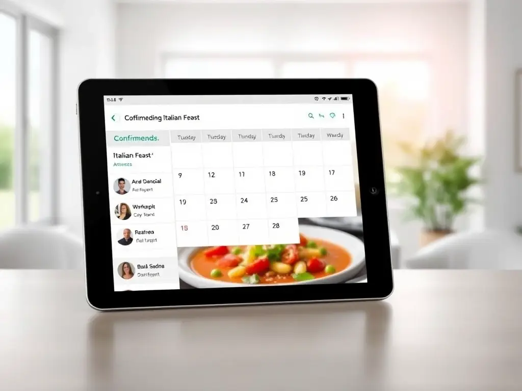 A calendar interface on a tablet displaying confirmed attendees for an upcoming 'Italian Feast' themed Zajedz.Me event, highlighting the ease of managing RSVPs.