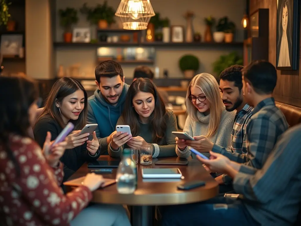 A group of friends joyfully voting on theme options for their next Zajedz.Me event using the platform on their smartphones, set against a backdrop of a cozy cafe.