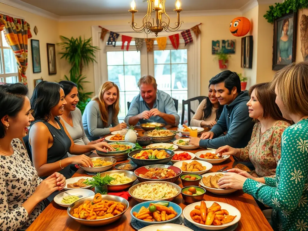 A vibrant image showcasing a beautifully set table at a Zajedz.Me event, featuring diverse dishes representing the chosen theme, with friends laughing and enjoying each other's company.